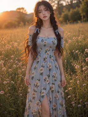 Daisy Skies & Meadowlight smocked off shoulder flowy maxi dress